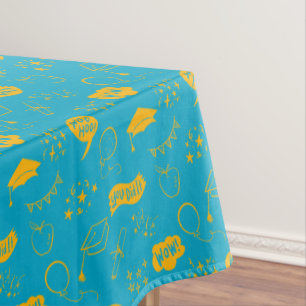 Quirky Doodle Blue Yellow Graduation Party Tablecloth