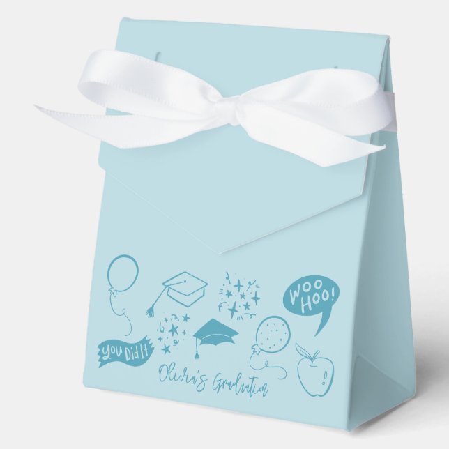 Quirky Doodle Graduation Party Blue Favor Box (Front)