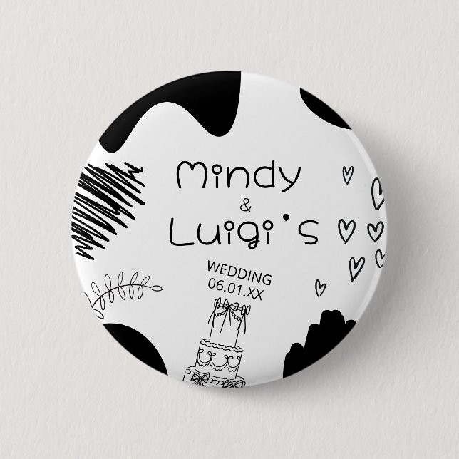Quirky Doodle Shapes Script Wedding 2 Inch Round Button (Front)