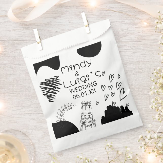Quirky Doodle Shapes Script Wedding Favour Bag (Clipped)