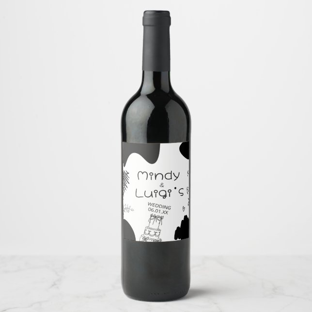 Quirky Doodle Shapes Script Wedding Wine Label (Front)