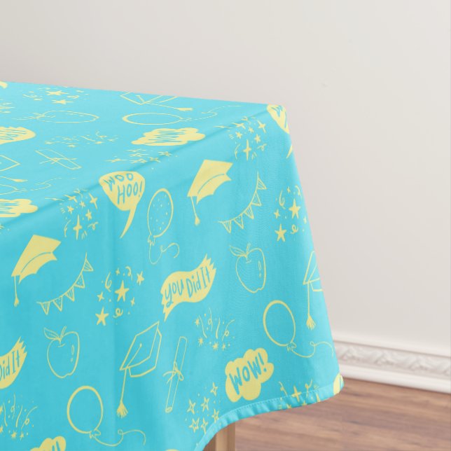 Quirky Doodle Sky Blue Lime Graduation Party Tablecloth (In Situ)