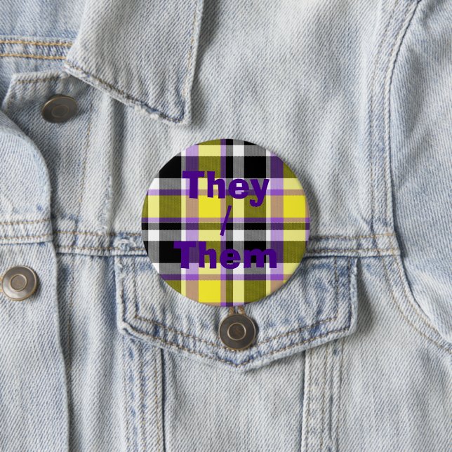 Quirky Eclectic Boho Nonbinary Plaid Pride Flag 3 Inch Round Button (In Situ)