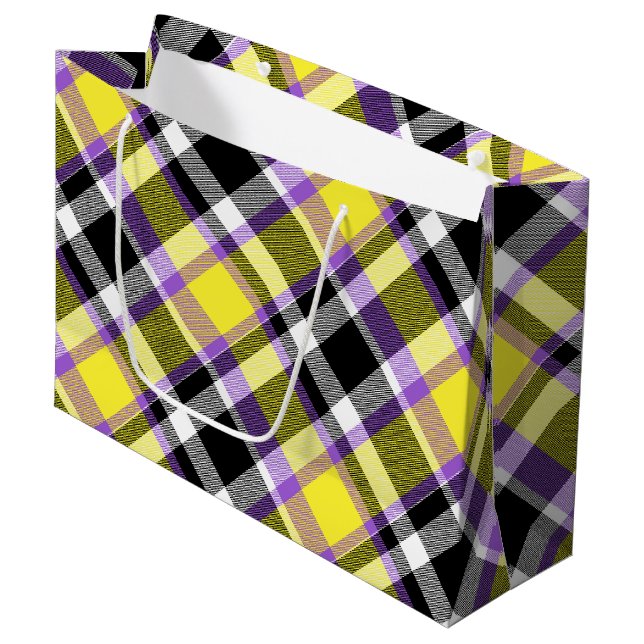 Quirky Eclectic Boho Nonbinary Plaid Pride Flag Large Gift Bag (Front Angled)
