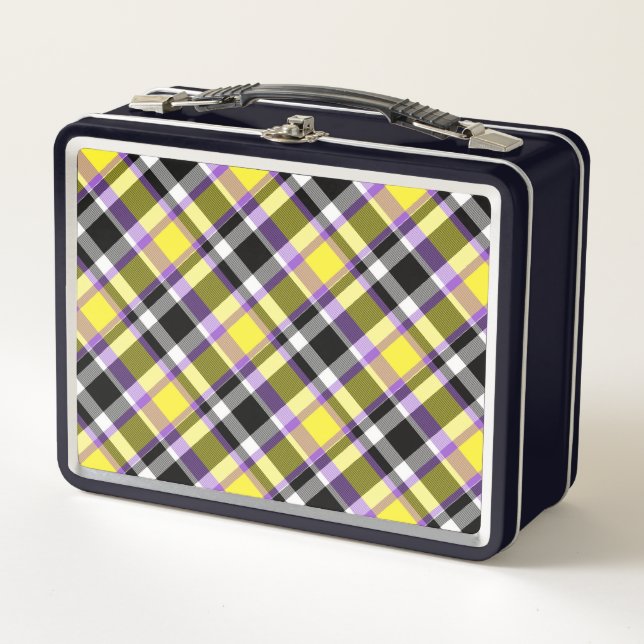 Quirky Eclectic Boho Nonbinary Plaid Pride Flag Metal Lunch Box (Front)