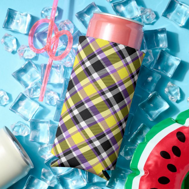 Quirky Eclectic Boho Nonbinary Plaid Pride Flag Seltzer Can Cooler (In Situ Summer)