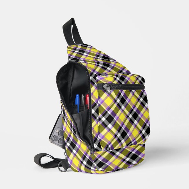 Quirky Eclectic Boho Nonbinary Plaid Pride Flag Sling Bag (Open)
