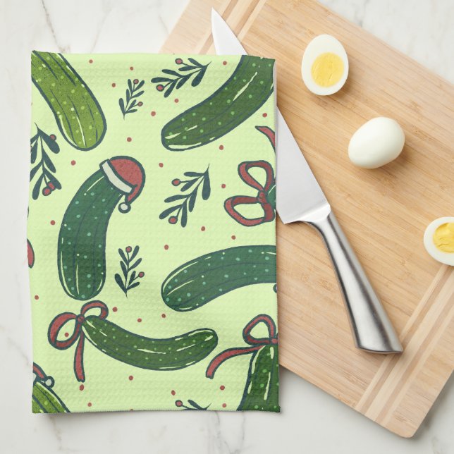 Quirky Festive Christmas Pickles Pattern Kitchen Towel (Quarter Fold)