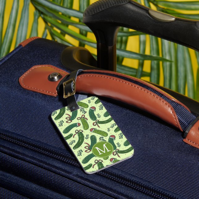 Quirky Festive Christmas Pickles Pattern Luggage Tag (Front Insitu 1)