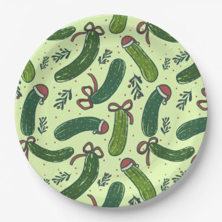 Quirky Festive Christmas Pickles Pattern Paper Plate