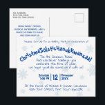 Quirky Festive Fun All Inclusive Holiday Party Invitation Postcard<br><div class="desc">What do you get when you blend together Christmas, Solstice, Hanukkah & Kwanzaa? You get a quirky fun way to celebrate the season with your family and friends! This delightful invitation features a festive design with pale blue snowflakes on a white background and dark blue whimsical text reading: Please join...</div>