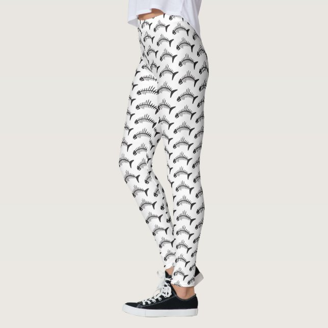 Quirky Fish Bone Black and White Pattern Leggings (Left)