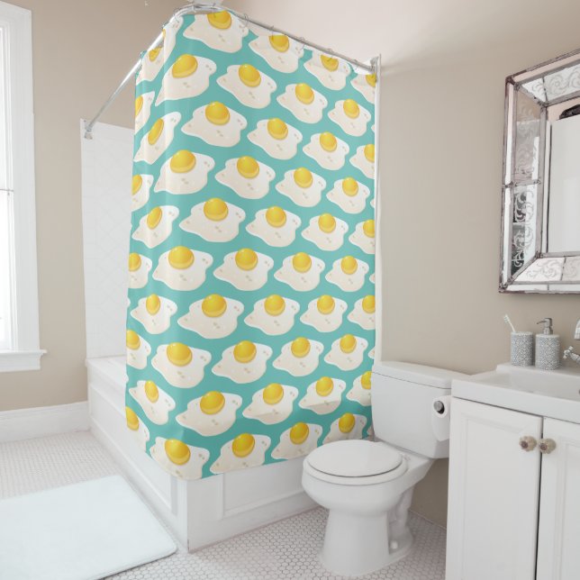 Quirky Fried Egg Graphic Pattern on Teal (In Situ)