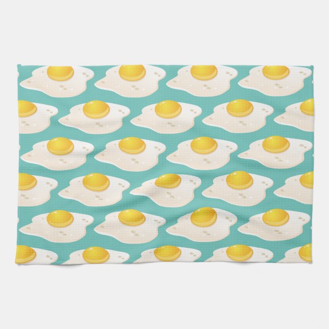 Quirky Fried Egg Graphic Pattern on Teal Kitchen Towel (Horizontal)