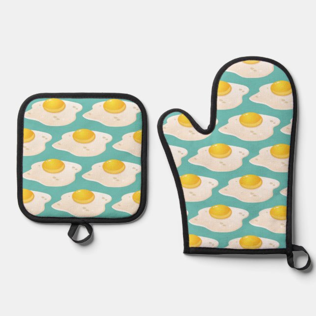 Quirky Fried Egg Graphic Pattern on Teal Oven Mitt & Pot Holder Set (Front)