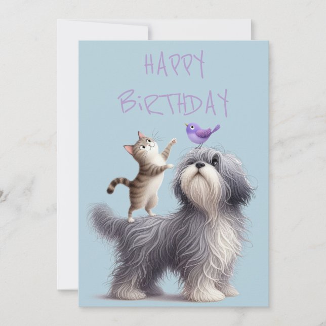 Quirky Friendship of Dog, Cat and Bird Holiday Card (Front)