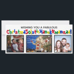 Quirky Fun All Inclusive 3 Photo Primary Colours Holiday Card<br><div class="desc">This quirky and fun holiday card covers all of the bases. The greeting reads "Wishing you a Fabulous ChristmaSolsticHanukKwanzaa!" - blending the words Christmas Solstice, Hanukkah and Kwanzaa into one long word. The text is written out in a whimsical font with alternating primary colours, and there is space to upload...</div>