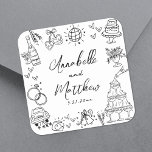 Quirky Fun Hand Drawn Whimsical Wedding Square Sticker<br><div class="desc">Personalized Hand-Drawn Quirky Wedding Stickers. These fun and playful square wedding stickers feature quirky doodle illustrations surrounding the design, including a champagne tower, wedding cake, disco ball, hearts, wedding bells, rings, cameras, and more. The bride and groom's names and wedding date are elegantly displayed beneath this whimsical artwork in a...</div>