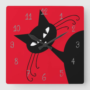 Quirky Funny Black Cat Feline Square Wall Clock