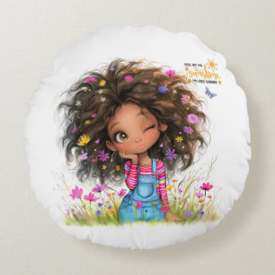 Quirky Girl Sunshine Round Pillow