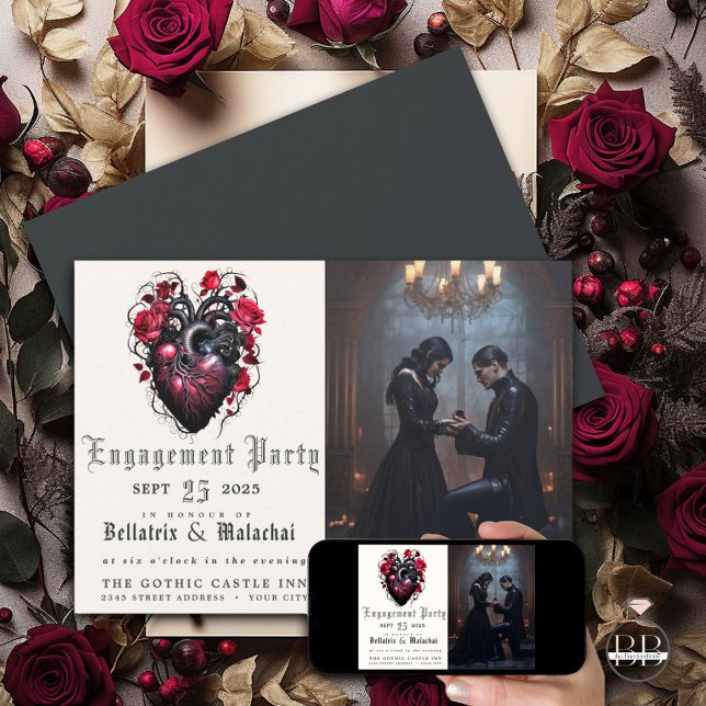 Quirky Goth Heart And Roses Crimson  Invitation (Creator Uploaded)