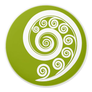 Quirky Green & White Unfurling Fern Frond Ceramic Knob
