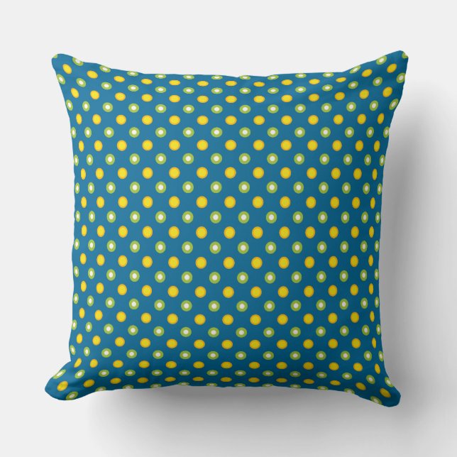 Quirky Green Yellow Polka Dots on Dark Blue Throw Pillow (Front)