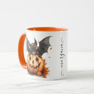 Quirky Halloween Black Bat & Pumpkin Coffee Mug