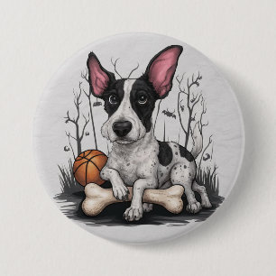 Quirky Halloween Pup: Spotted Dog with Basketball 3 Inch Round Button