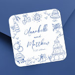 Quirky Hand Drawn Blue Whimsical Wedding Square Sticker<br><div class="desc">Personalized Hand-Drawn Quirky Blue Wedding Stickers. These fun and playful square wedding stickers feature quirky doodle illustrations surrounding the design, all in a vibrant blue theme. Elements like a champagne tower, wedding cake, disco ball, hearts, wedding bells, rings, cameras, and more create a whimsical and celebratory vibe. The bride and...</div>