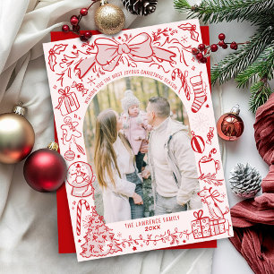 Quirky Hand Drawn Bow Pink and Red Photo Christmas Holiday Card