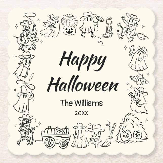 Quirky Hand Drawn Doodles Happy Halloween Paper Coaster (Front)
