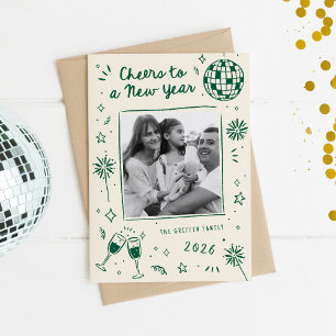 Quirky Hand-Drawn Doodles New Year Photo Green Holiday Card