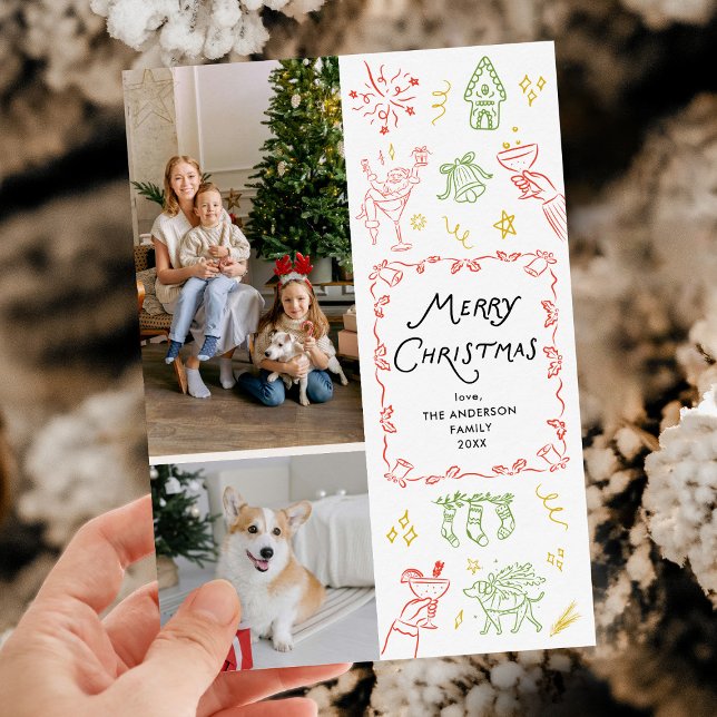 Quirky Hand Drawn Icons Merry Christmas 2 Photo Holiday Card (Creator Uploaded)