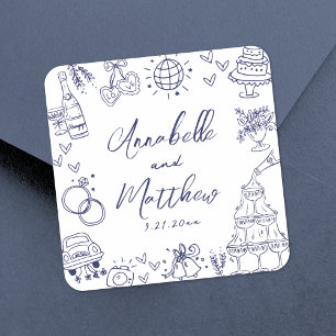 Quirky Hand Drawn Navy Blue Whimsical Wedding Square Sticker