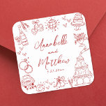 Quirky Hand Drawn Red Whimsical Wedding Square Sticker<br><div class="desc">Personalized Hand-Drawn Quirky Red Wedding Stickers. These fun and playful square wedding stickers feature quirky doodle illustrations surrounding the design, all in a vibrant red theme. Elements like a champagne tower, wedding cake, disco ball, hearts, wedding bells, rings, cameras, and more create a whimsical and celebratory vibe. The bride and...</div>