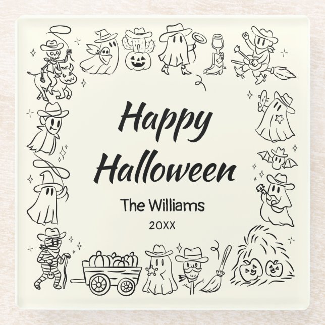 Quirky Hand Drawn Scribbles Halloween Glass Coaster (Front)