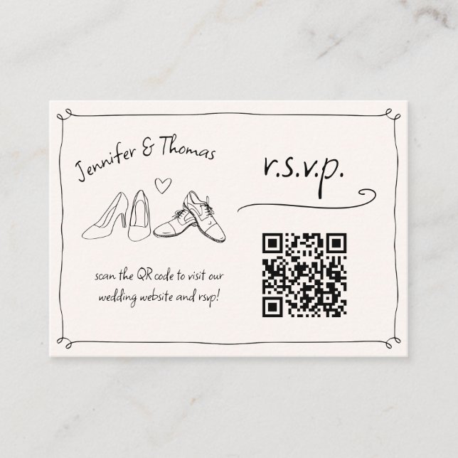 Quirky Hand Drawn Wedding Shoes QR Code RSVP Enclosure Card (Front)