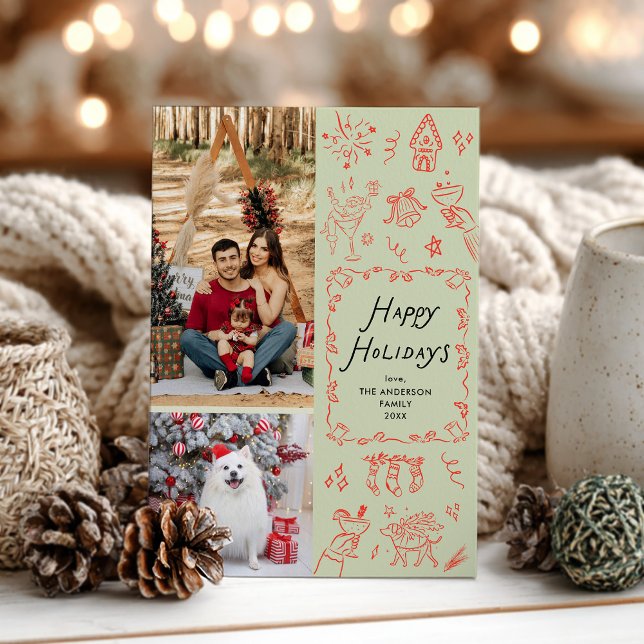 Quirky Happy Holidays Hand Drawn Red Green 2 Photo Holiday Card (Creator Uploaded)