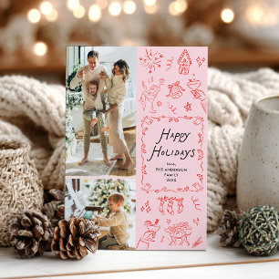 Quirky Happy Holidays Hand Drawn Red Pink 2 Photo Holiday Card