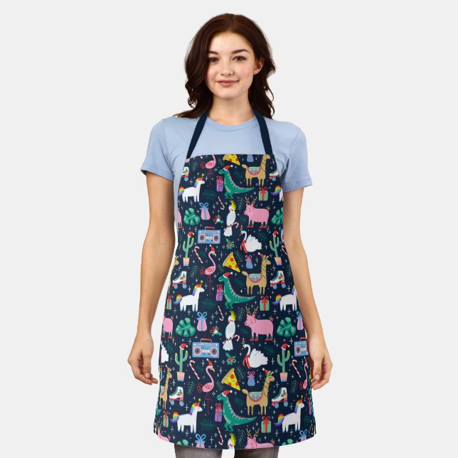 Quirky Holiday Animals and Icons Pattern Apron (Worn)