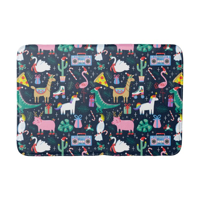 Quirky Holiday Animals and Icons Pattern Bath Mat (Front)