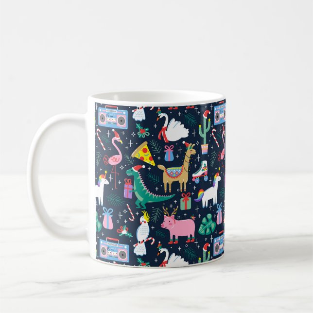 Quirky Holiday Animals and Icons Pattern Coffee Mug (Left)