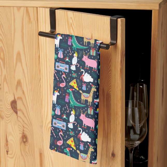 Quirky Holiday Animals and Icons Pattern Kitchen Towel (Thirds Fold)