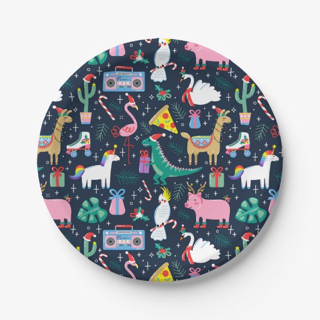 Quirky Holiday Animals and Icons Pattern Paper Plate (Front)
