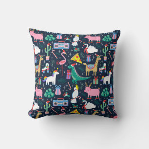 Quirky Holiday Animals and Icons Pattern Throw Pillow