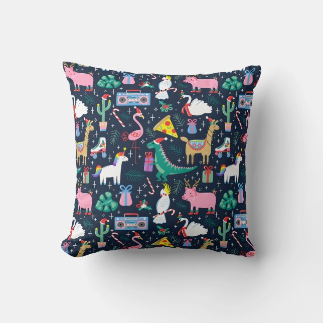Quirky Holiday Animals and Icons Pattern Throw Pillow (Front)