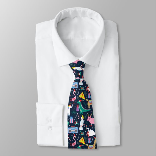 Quirky Holiday Animals and Icons Pattern Tie (Tied)