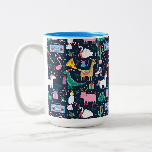 Quirky Holiday Animals and Icons Pattern Two-Tone Coffee Mug (Left)