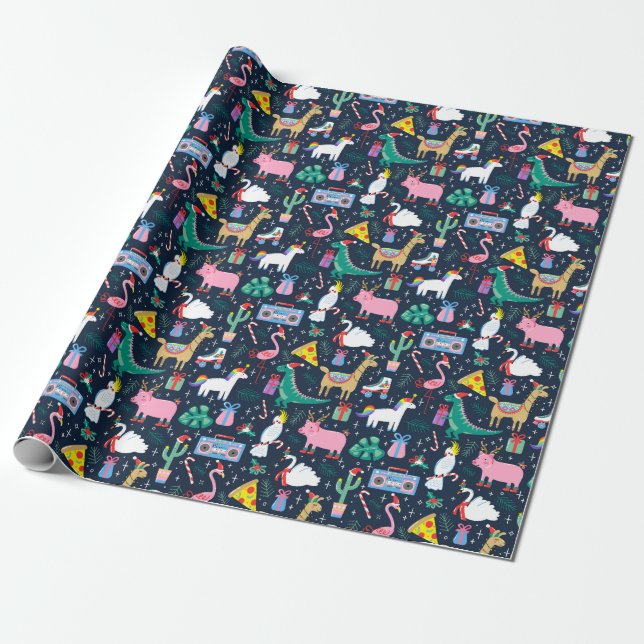Quirky Holiday Animals and Icons Pattern Wrapping Paper (Unrolled)